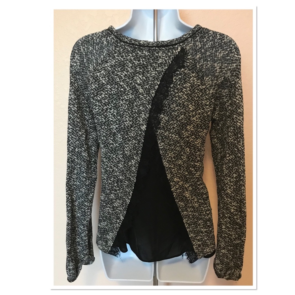 NEW WHBM Grey Black White Sheer Back Sweater Med